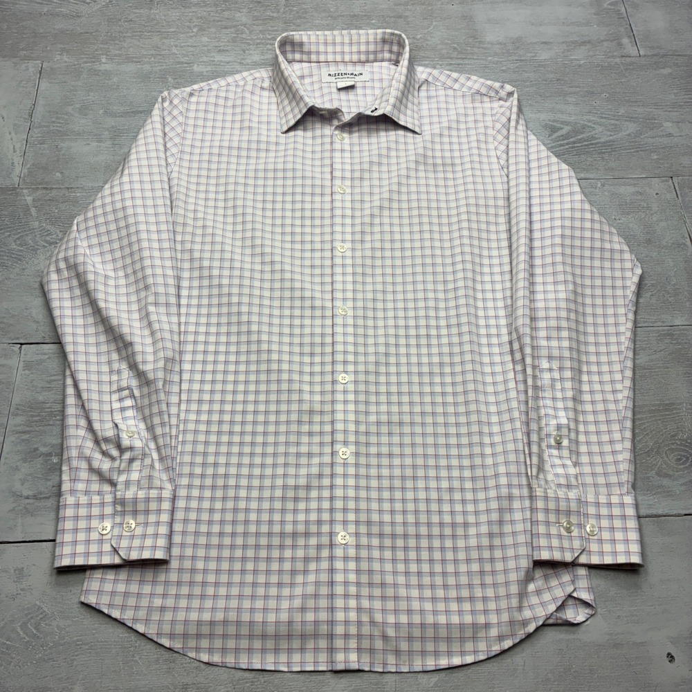 Mizzen+Main Leavitt Dress Shirt Mens L White Blue Red Check Performance Trim Fit